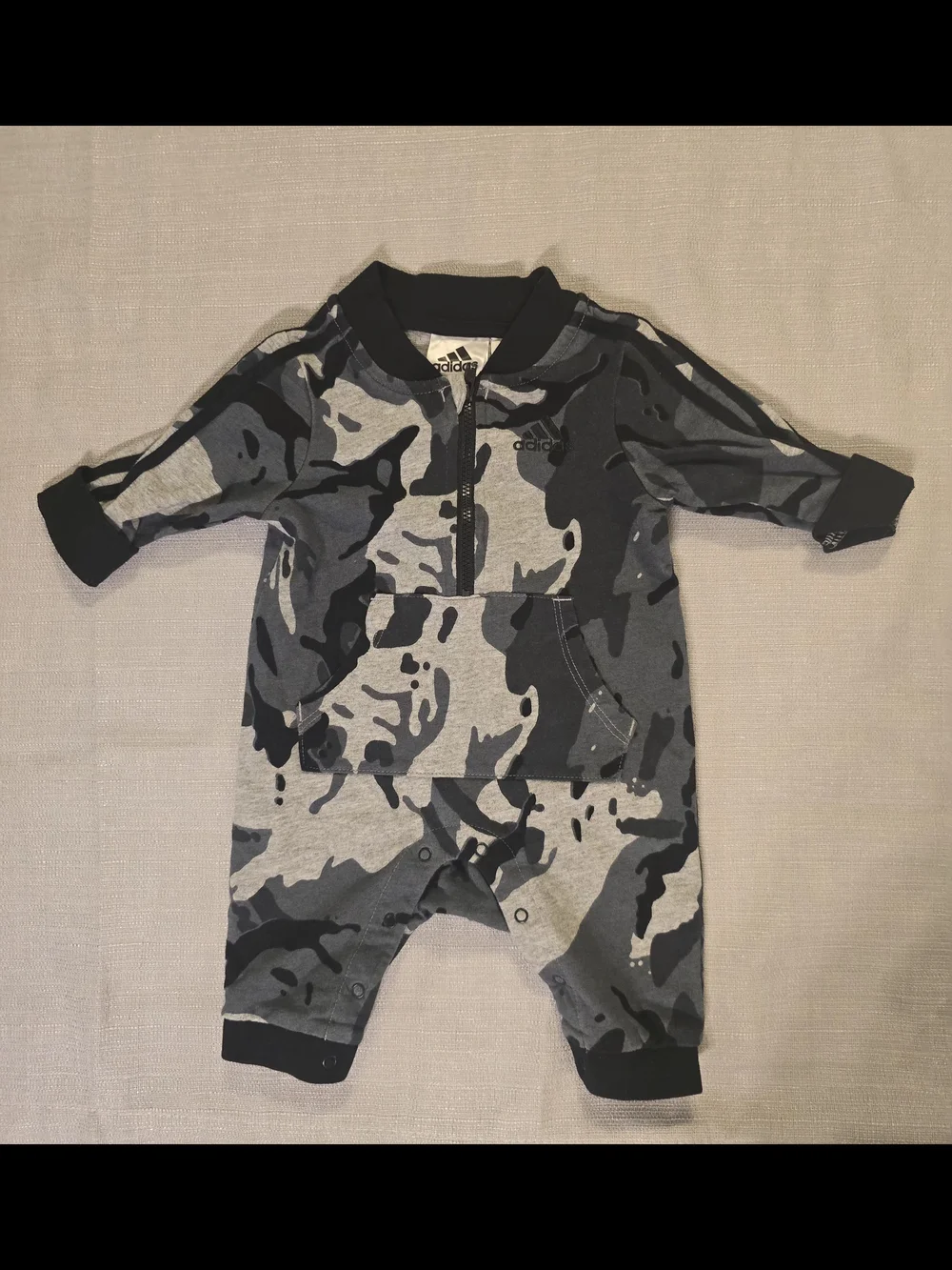 Adidas Baby Camo Romper 3M Gray Zip Coverall Kangaroo Pocket